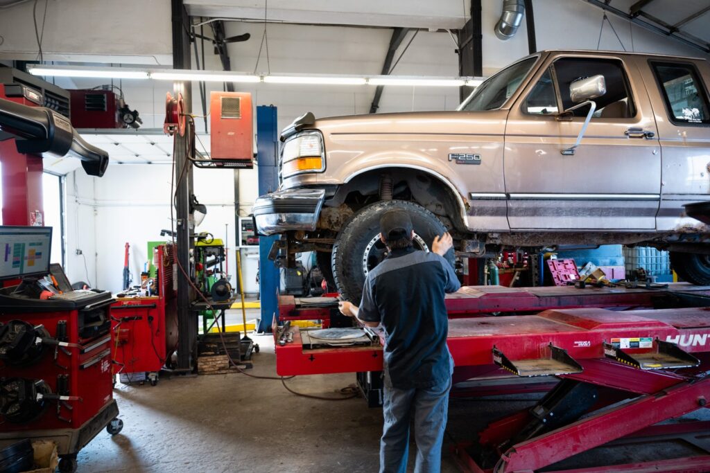 Alignment bay with a truck on the rack